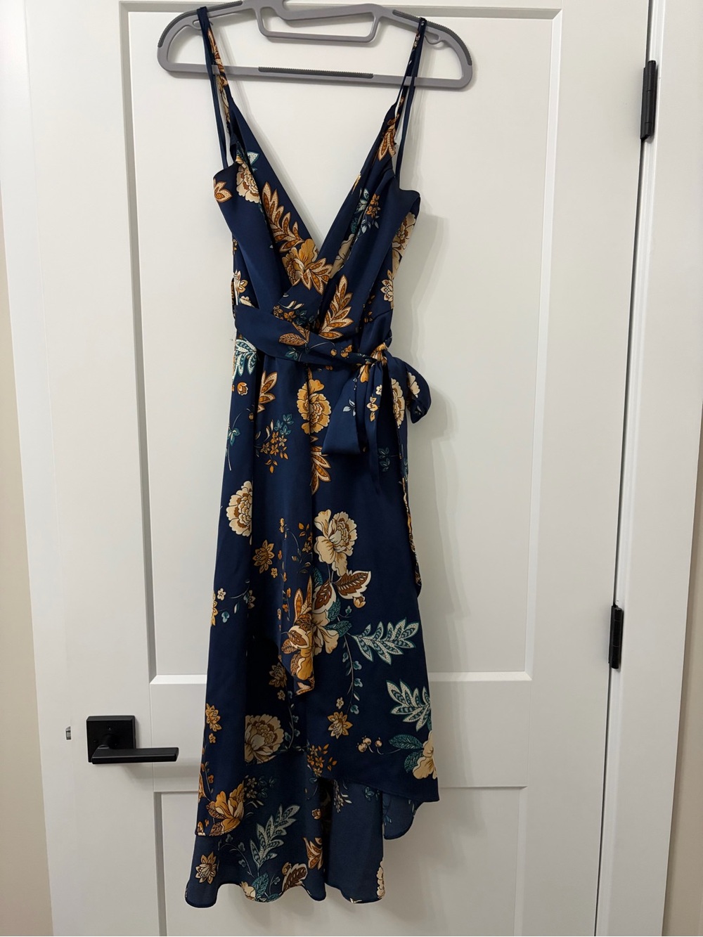 Hello Molly Navy Floral Asymmetrical Wrap Dress with Gold Print